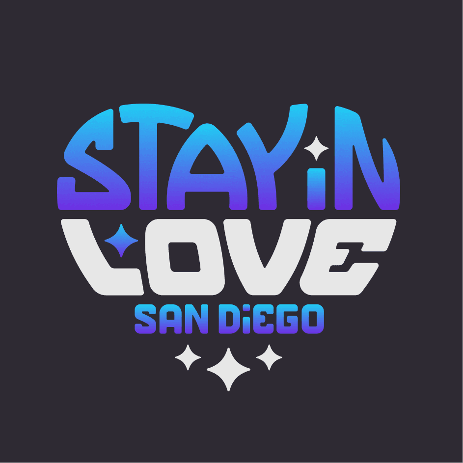 Ink blue Stay in Love San Diego tee - front crest