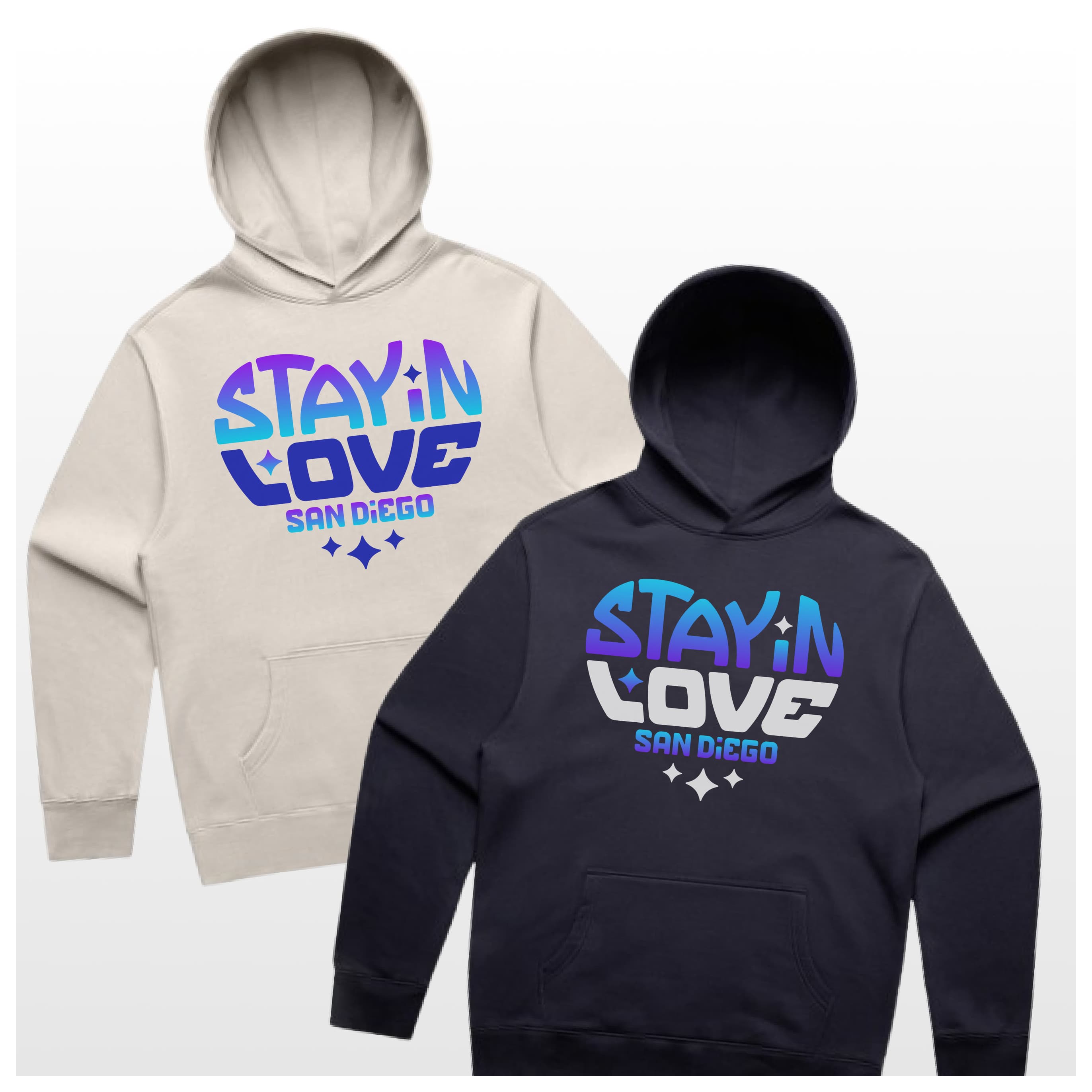 Los Místicos hoodies in bone and ink hanging on a rack